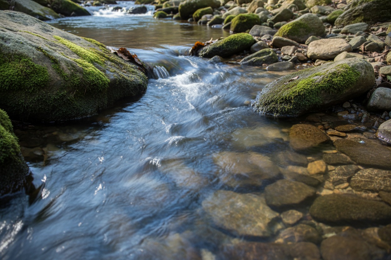 A clear stream flows over smooth, moss-covered rocks in a wooded area.