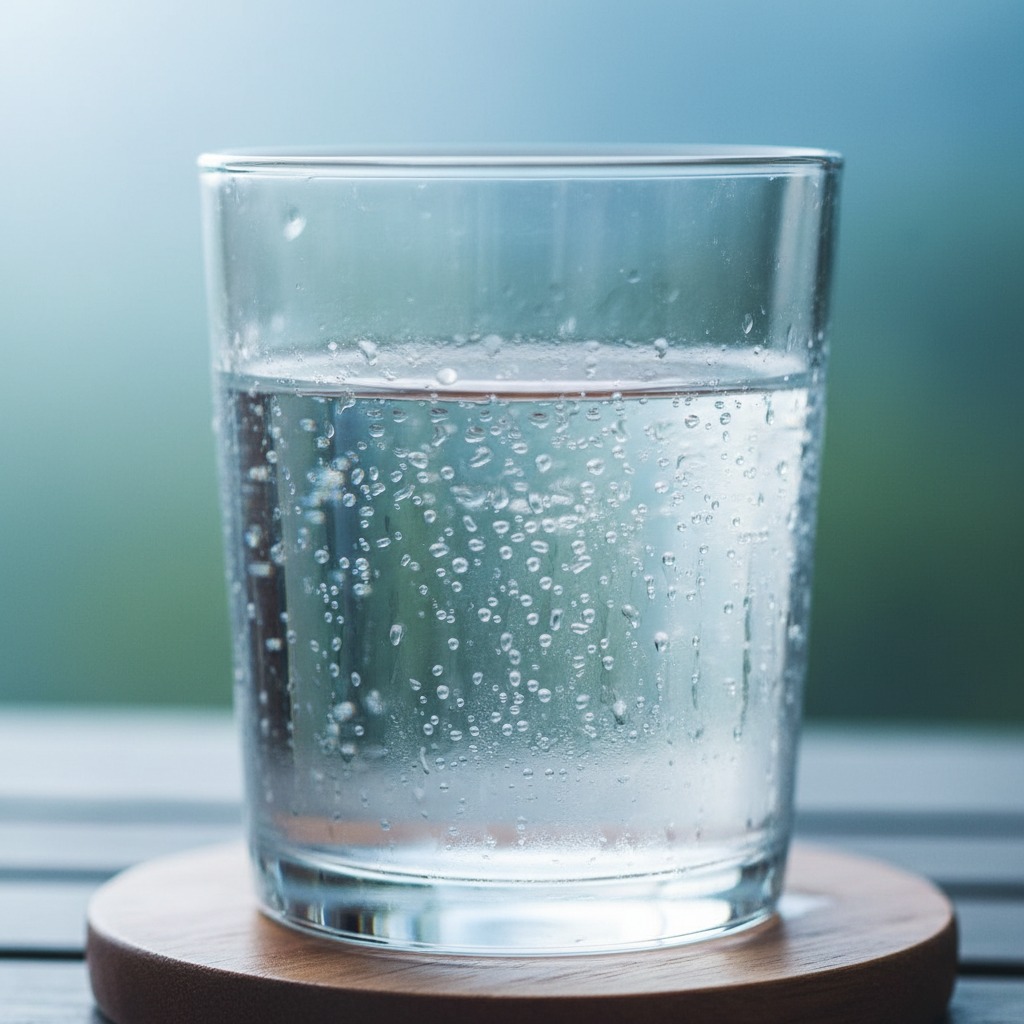 A full glass of sparkling water sits on a wooden coaster against a blurred background.